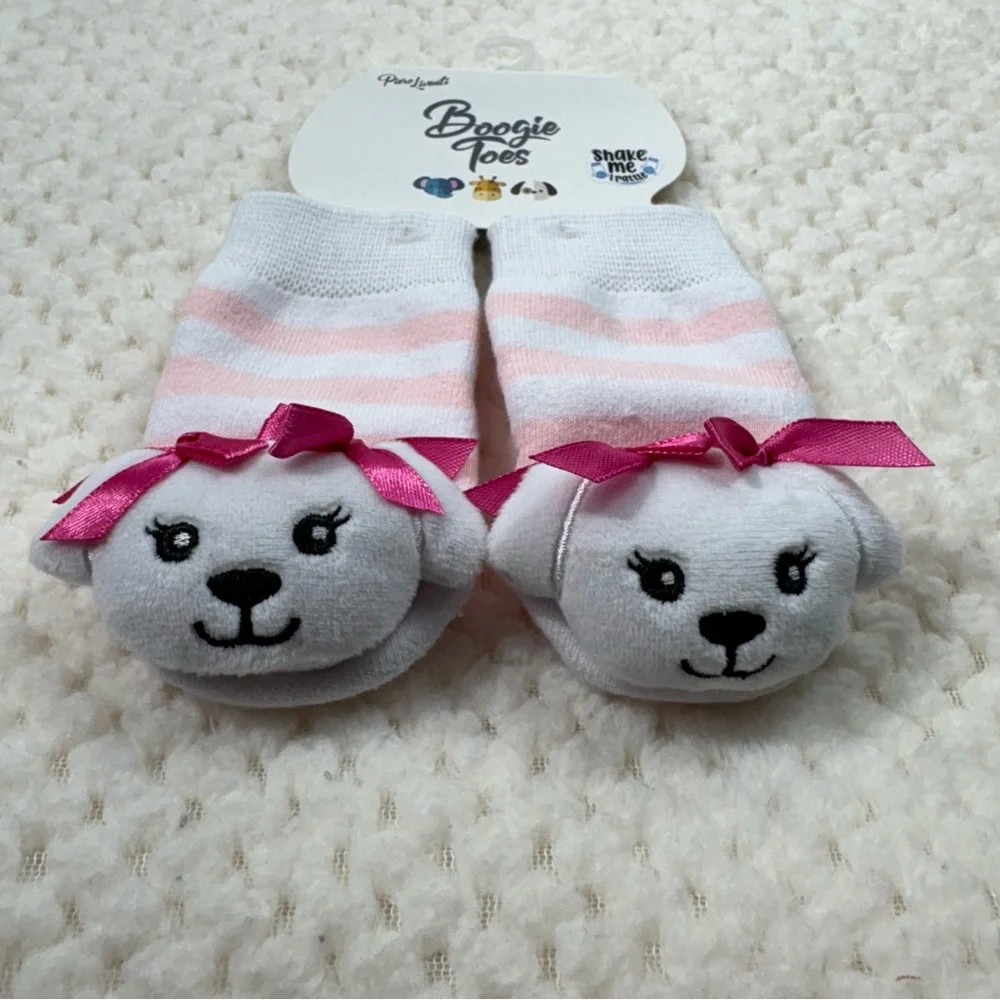 Boogie Toes Baby Girl Pink Striped White Dog Rattle Toe Socks Booties Small NWT
